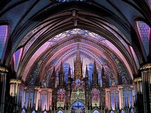 Lit up interior of the Notre Dame Basilica.