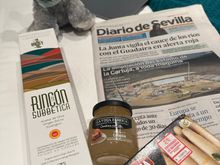 That's the little burro, Platino, who lives at the hotel.
I also bought a nice-sized chunk of cabrales cheese from Asturias to have for snacks in my room.  The onion jam was less than 3 euro; I use this at home for little toasts, with sliced pears and smoked mozzarella, a nice dinner with a salad.   I think I paid about 10$US at Whole Foods for a different (Calabrian) type in a tiny jar.....look at me, shopping for supermarket bargains to bring home.  I even bought some purple garlic!