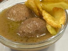Delectable meatballs made from chicken...with good potatoes in lovely gravy.....