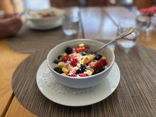 A very delicious breakfast of chia pudding and colorful fruits and nuts. 