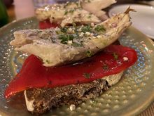 Marinated mackerel on a roasted red pepper on brown bread - really nice!