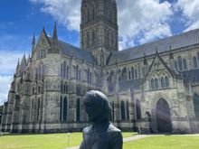 Establishing shot of the Cathedral with statue of Elisabeth Frink. Look at those blue skies.