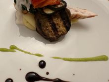 Roast chicken breast with eggplant, zucchini and red pepper served over creamed potatoes; it's usually no problem to ask for a half portion of a dish.  Here, we asked for a full portion to be split into two and this was my half.  The chicken was so juicy!!