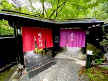 If I remember correctly, both these curtains are for the women's baths. The red curtain is for the female guests of the ryokan; the pink curtain leads the non-guests to the bath house that they are to use. 