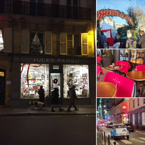 A few more favorites - Jules Pansu is OOs favorite store in Paris and now mine too. I buy a tapestry pillow covering on every trip. One Easter they were closed but to my surprise Saint Chapelles gift shop carried them (I didnt even know there was a gift shop!). There was a nice little Christmas market across from Notre Dame that was very nice. There used to be one at Germain de Pres but only a few vendors last Christmas. I always eat at Mamaws favorite restaurant, LAtlas.