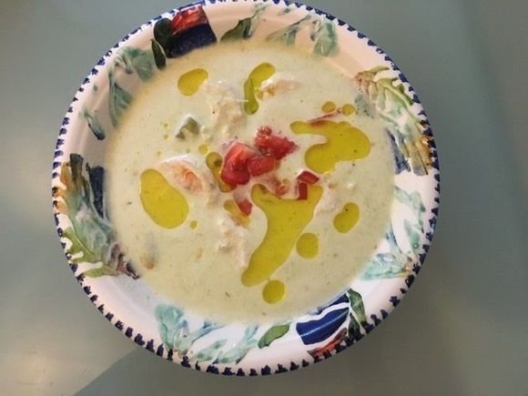 Here’s the Cream of Celery Soup with Shrimp., sans the planned salmon. Really delicious. 
