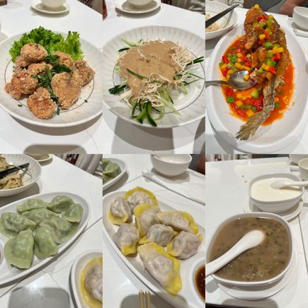 Clockwise from top left- fried chicken, cold noodles (made with mung bean I think), whole fish sweet & sour, green bean soup and almond tea (both desserts), 2 types of handmade dumplings. 