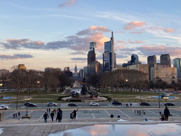 Evening View of Philadelphia skyline from the top of Rocky steps at Philadelphia Museum of Art