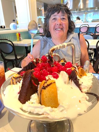 We had this kitchen sink for lunch. Way too much ice cream etc for 3