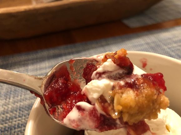 Very tart and delicious, the fruit has very little sugar but has boiled cider and lemon or orange zest added. The topping is 1 cup packed brown sugar, one cup oats, 3/4 cup flour., 1 stick of unsalted butter melted, and a half cup of chopped pecans.  The topping is as sweet as the filling is, tangy.  

This  weekend I want to make cookies and I’ll  make the  buche de noel the 23rd.   
