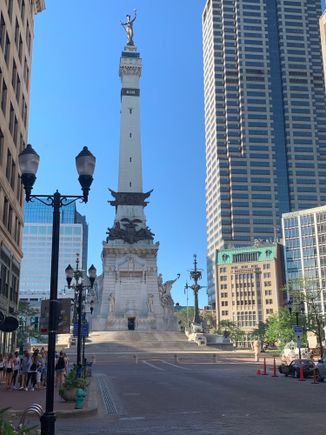 Soldiers & Sailors Monument from lively Meridian Street