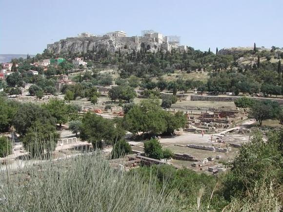 Acropolis in Athens, picture taken from  the valley below , the Agora area.