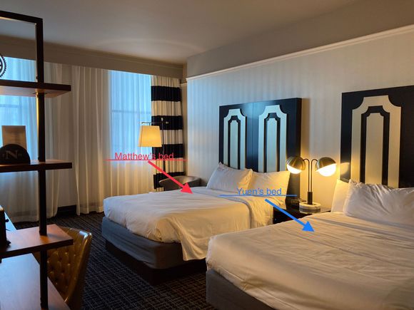 Our spacious hotel room, measuring 350 sq ft 