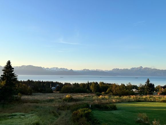 Morning view of Kachemak Bay from our Homer Airbnb; makes me want to stay here forever 