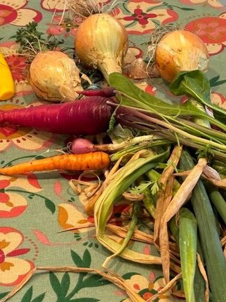We don’t grow a summer vegetable garden as it’s too water intensive and not fun in the desert heat, but here’s some of yesterday’s spring harvest which also included lots more carrots, snap peas, perpetual spinach, spigarello, turnips and bok choy.