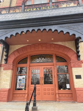 Woodstock has a fabulous opera house, this is the entrance. I have not been to an opera there ( not sure they have them anymore) but I have gone to “ A Tuba Christmas” concert there. Yep, about 20 tuba players  it was fun. 