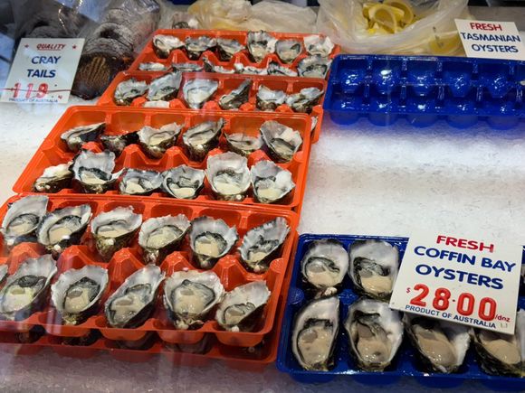 We saw tons of raw oysters - and tasted a few - our favorites are from Tasmania.