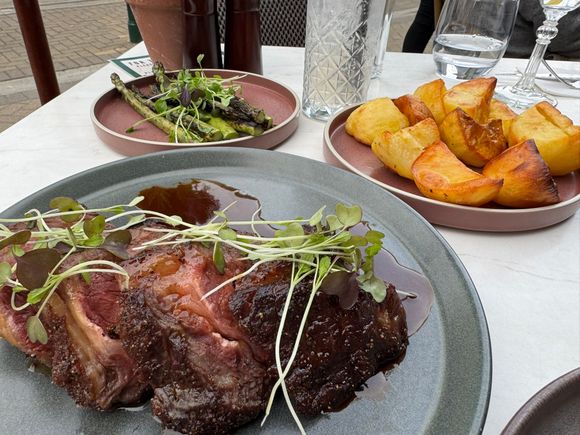 Our rib eye dinner for two with asparagus and roast potatoes
