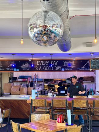 Never seen a disco ball in a BBQ joint, lol!
