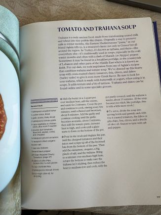 Jose Andres" tomato soup recipe..you can play with this a lot..use fregola if you do not have trahana, for example.  I added plain yogurt yesterday, before I bought some feta which we will have tonight in the soup.