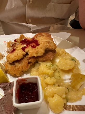 Partner loved his wienershcnitzel note that this is Vienna style, with veal.  Munich style is made with pork.