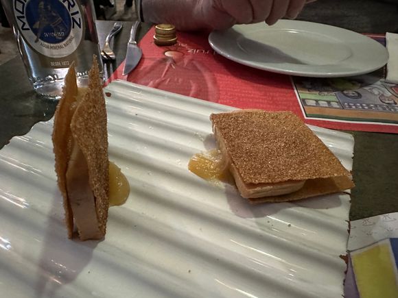 Maybe the best dish of our entire trip; duck foie (pasties de higado) sandwiched between crackers bread with sweet compote of boniato (sweet potatoes).   I ordered two per person but the owner's wife told us we needed one, each.    Heaven in my mouth....