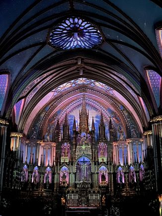 Lit up interior of the Notre Dame Basilica.