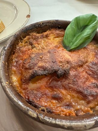 My eggplant parmesan, served in a terracotta cazuela---just perfect