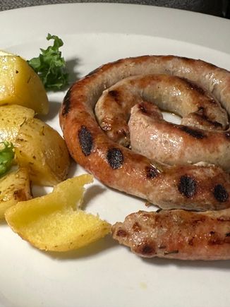 While menus in Savelletri concentrate on fish and shellfish, a few miles inland the focus turns to meat dishes, with the nearby town of Cisternino being famous for their local grilled meats, including sausage and "bombetti".  This sausage might be the best I've ever tasted, and the roasted potatoes were also great.