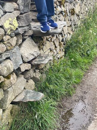 Climbing into the field with the stones.