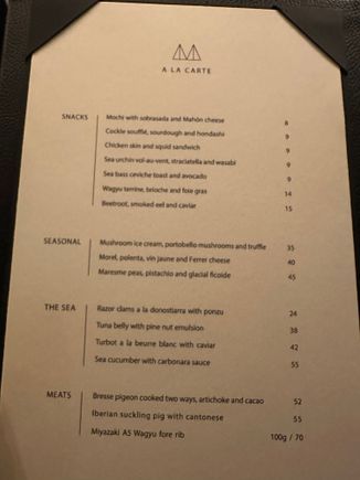 A la carte menu. There are also two tasting options. 