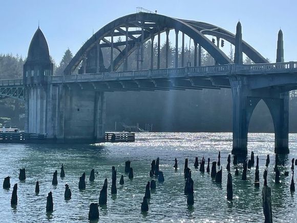 View of the Siuslaw River Bridge from down below in Old Town