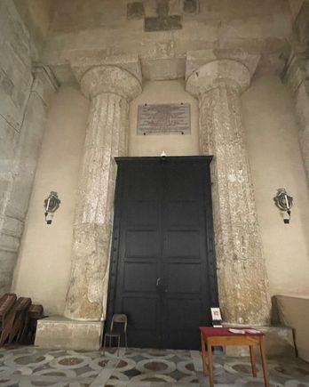 Doric columns on the inside of the church