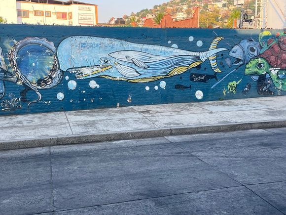 This is one of the very first murals I ever accountered here on my morning walk, so I know it is a least 10 years old.  It's on a wall along the side of a street, just a wall, nothing special.