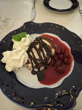 And we shared this mouth-watering dessert - chestnut cream with cherry sauce!