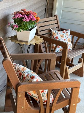 Here are my new pillows and my Walmart mum. Those are 35 year old well loved and well used glider chairs, so don’t judge the worn out element. (Those gliders are the one thing all3 kids will be fighting over someday—-so many memories). 