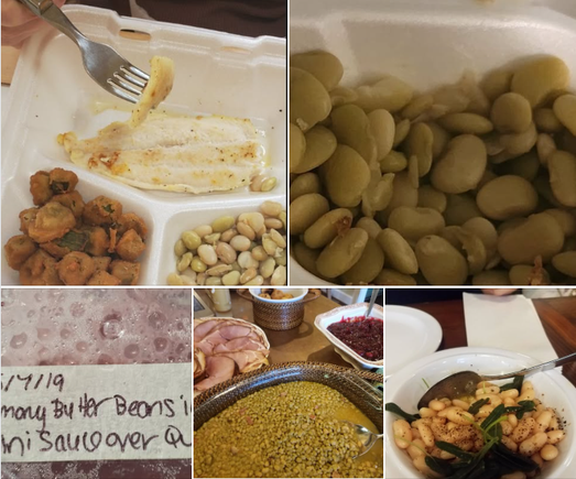 Photos = my uncle's plate of grilled fish, fried okra, and peas.  My butter peas.  My niece used to package small containers of her vegan dinners for me and this one was a lemony butter bean with tahini sauce served over quinoa.  Farm peas for Thanksgiving. The last photo was of a bean dish on Ziggy's NYC Village tour.  (I did a search for "Lima beans" from my cloud photos and these are some of the pulled photos).