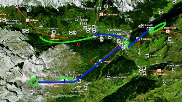 Rough map of today's exploring--blue for lifts, green for hiking