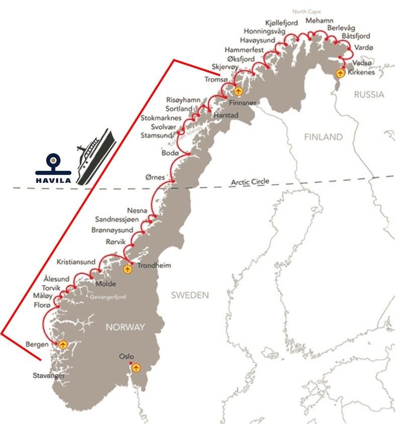 The Norwegian Coastal Route. The section maked with a red bracket represents our journey.