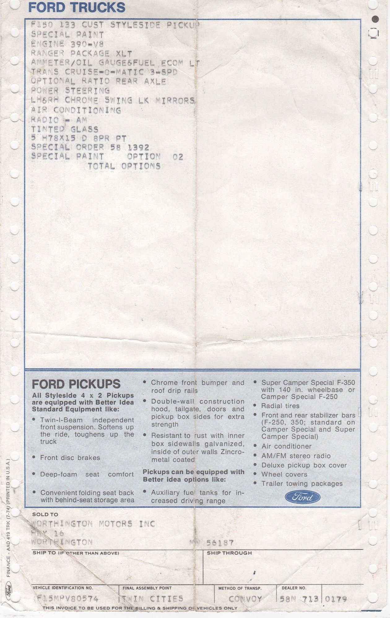 Buiild sheet for 75 F-150 VIKING EDITION