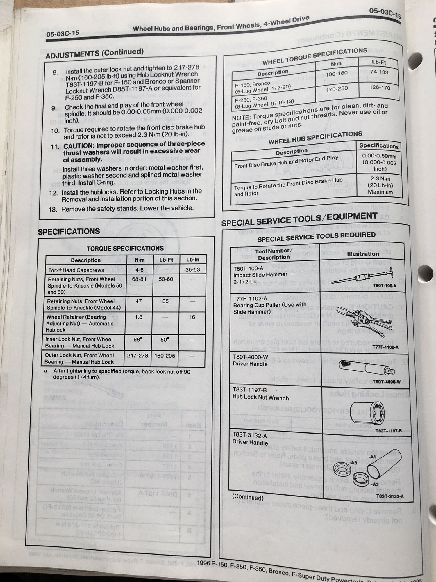 Dana 60 spindle nut correct torque/wheel bearing replacment Ford