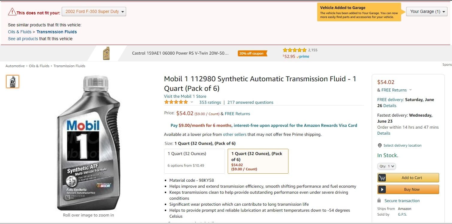 Mobil 1 synthetic Mercon V powerstroke ford transmission fluid