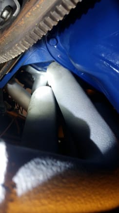 The header on drivers side is in... look at how it touches the oil pan.  Jim said the oil was burnt and I would like the header that close it was heating up the oil.  I will try to put heat shield or wrap on it to prtect the oil.