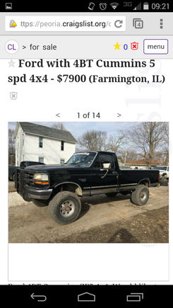 Ford 4BT Cummins ZF5 4x4. Would like to trade for a nice Bobcat skid steer or mini excavator or newer dodge Cummins standard shift 4x4 truck. 

4 cyl. Cummins turbo diesel with a dealer installed ZF5 standard shift transmission. 1356 transfer case with bolt on yokes. Fully rebuilt kingpin Dana 60 front end. Sterling 10.25 rear end. 4.10 gears. 315/75R16 all terrains. 4" straight pipe exhaust. 

18,000 miles on the conversion. Truck is an 86 with a 96 front clip and bed.