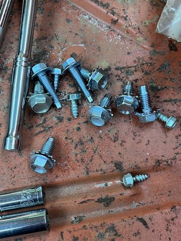 My collection of fasteners for this task.  I would remove one example of each from the '66 F250 then go through my parts bin for the refreshed bits I needed.  As soon as I finish with the '65, I will remove these from the '66 and send a bucket of bolts to the platers as well.