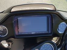 The Biketronics Sony XAV-AX5000 kit installed. Not seen are the BT4180 amp, Arc Moto 602s in the fairing and Alpine SPR-60s in the Tour Pak pods.