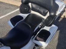 White Hot Denim HogTunes speaker lids stuffed with Pioneer TS-D6902s. The bags are V-Twin's "CVO" style exteneded!