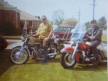 My 64 Pan. It was my first Harley. The other bike is a Suzuki T-500 Titan that I sold to my Ole Man (the guy sitting on it) to get the money I needed to buy the Pan. 