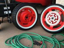 The wagon and garden hose were a gag. My brother added a front to his bike and a hose and wagon were in the background. He asked if I could see his new addition and i commented about the hose and wagon in the background. anyway, nice job on the wheels!