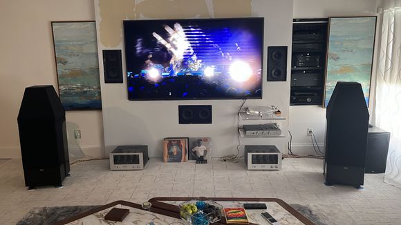 200watts per side of 16 EL-34’s, Tube phone Pre, Alon Speakers.